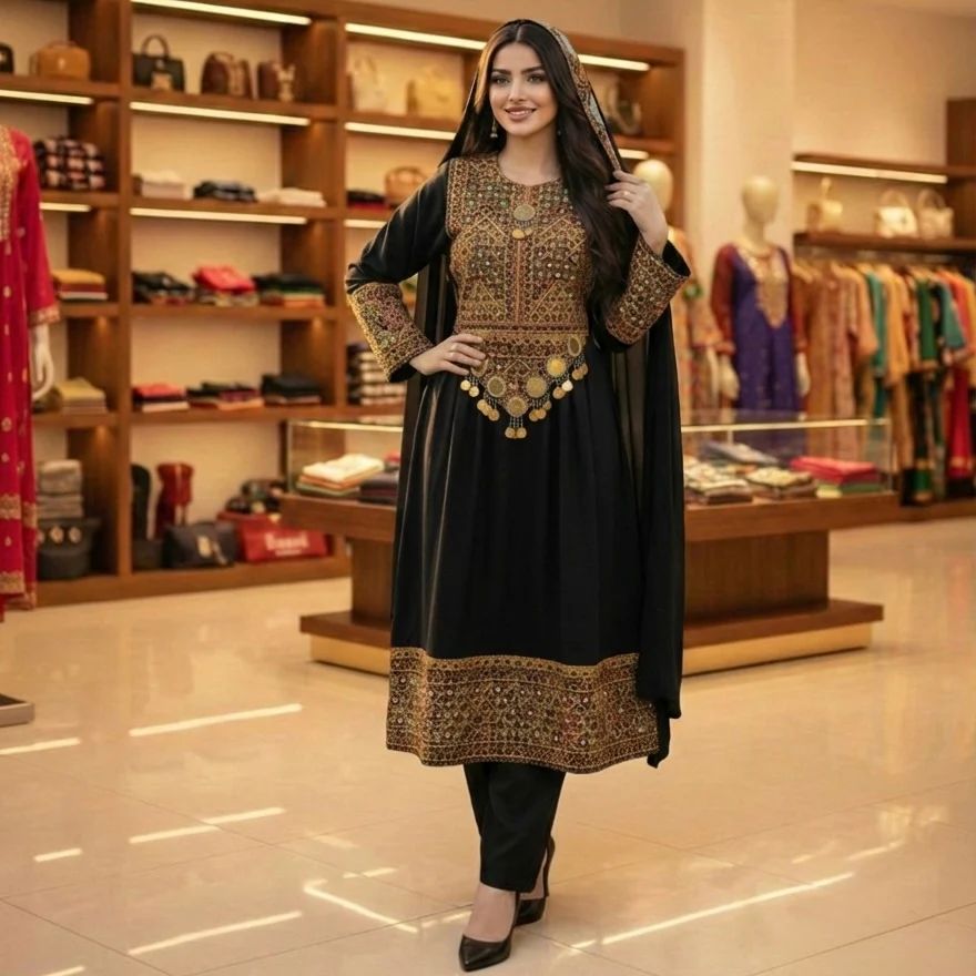 Elegant Afghan Dress with Antique Gold Embroidery &amp; Mirror Accents