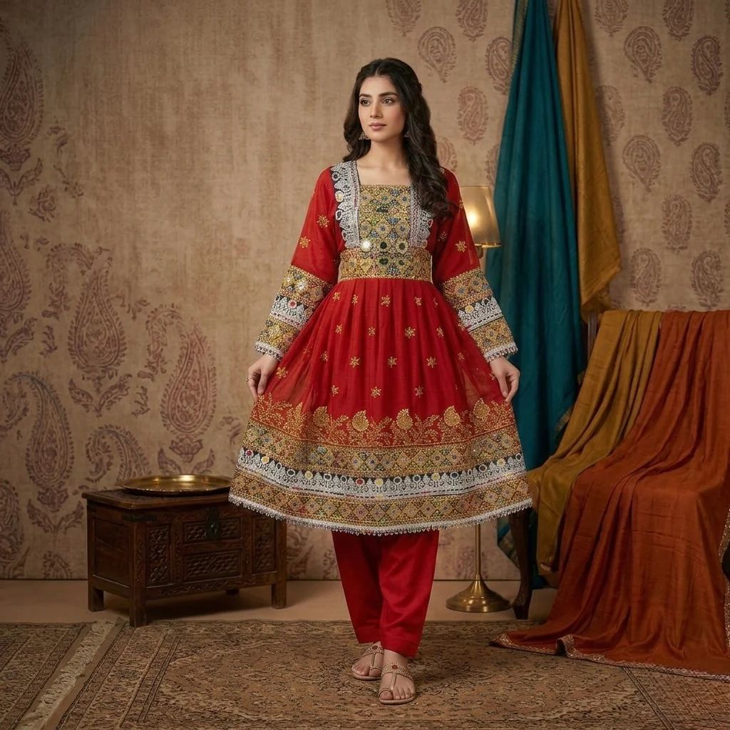 Premium Hand-Embroidered Afghan Kuchi Dress Hover