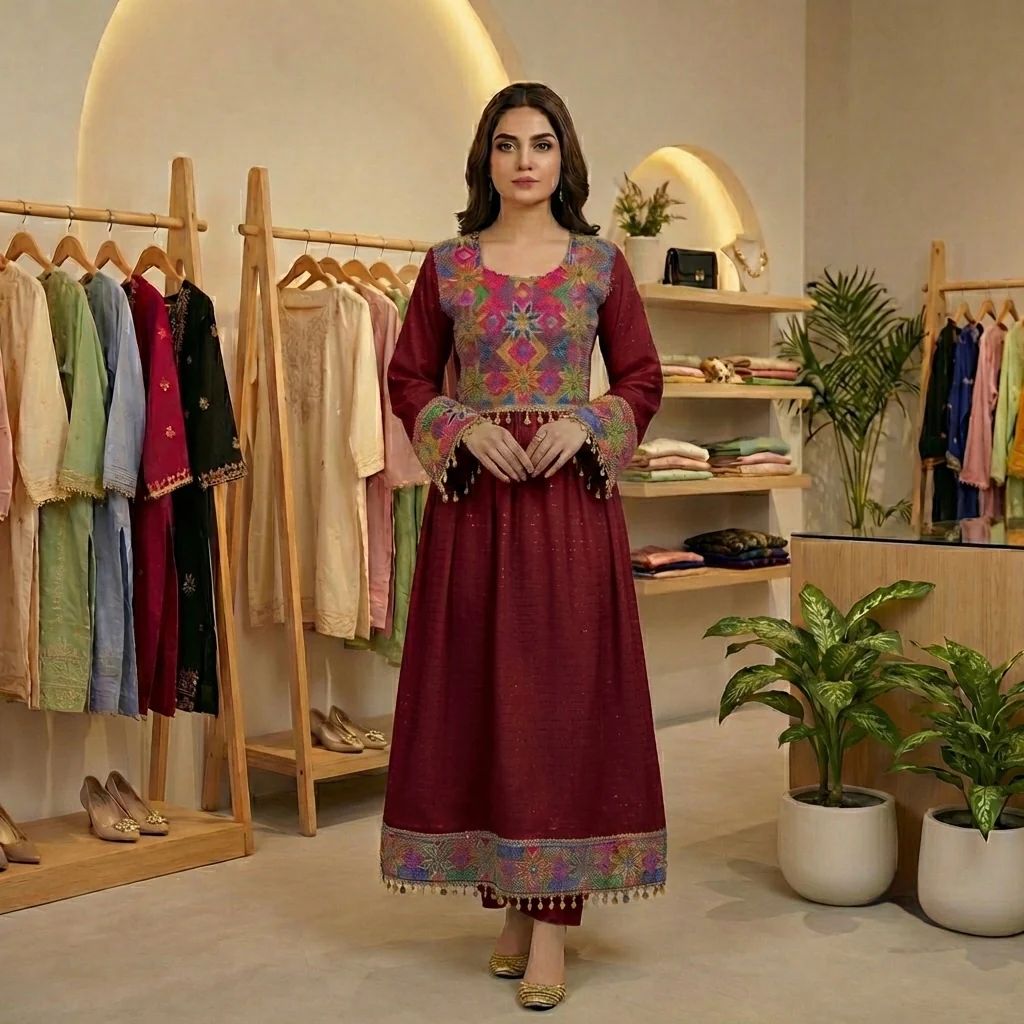 Traditional Afghan Frock with Tribal Embroidery &amp; Tassels Hover
